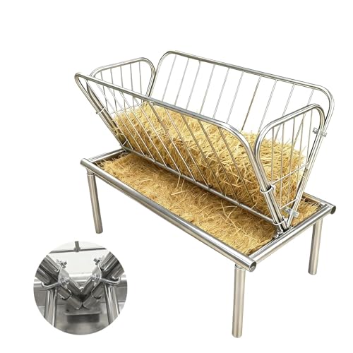 4-Ft Heavy-Duty Galvanized Steel Hay Feeder, 2-in-1 Goat Feeder with Deep 6" Grain Pan, Large Capacity Pasture Feeder for Livestock, Ideal for Cows Pigs Ponies