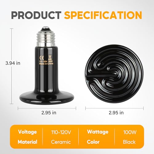 HealSmart 100W Reptile Heat Lamp Ceramic Heat Emitter, No Light Emitting Heat Bulbs, Suitable for Snake/Lizard/Spider, Plant Growth and Incubating Chicken, 2-Pack - size: 100 Watts, style: D-75mm (2.95") *2 Pcs