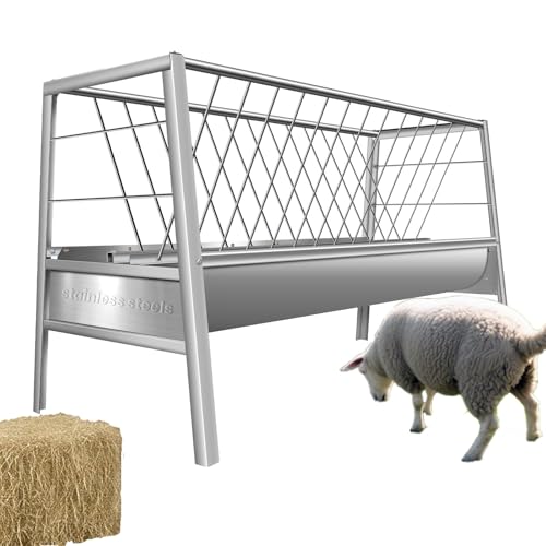 Upgraded 2 in 1 Livestock Pasture Feeder, Premium Stainless Steel Goat Hay Feeder, 5FT Long Feed Horse Hay Feeder with Durable Frame, Hay Rack for Horses,Foal,Cows, Goats