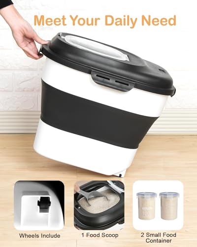 20-50 Lbs Food Storage Containers,Collapsible Rice Container with Wheel Airtight Locking Lid,Flour Storage Container with Small Food Container and Scoop,Suitable for Food,Rice,Pet Food,Flour - color: Black/20-50LBS