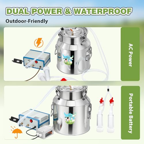 Upgraded 2 in 1 Goat Milking Machine 14L, 304 Stainless Steel Bucket, with 4 Teat Cups for Goat & Cow, Continuously Adjustable Pulsation Vacuum Milker - size: 14L