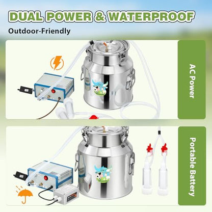 Upgraded 2 in 1 Goat Milking Machine 14L, 304 Stainless Steel Bucket, with 4 Teat Cups for Goat & Cow, Continuously Adjustable Pulsation Vacuum Milker - size: 14L
