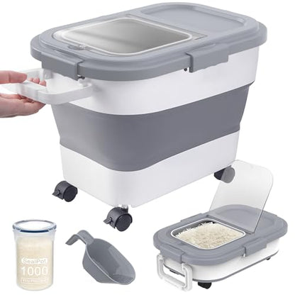 HOYTAMDA 20-30Lbs Rice Container,Collapsible Airtight Food Storage Containers with Wheels,Handle,Rice Storage Container with Small Bin and Scoop - color: Grey/20-30lbs