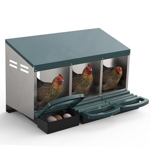Metal Chicken Nesting Box with Easy-Collect Tray & Lid – 3/4/2x2 Compartment Heavy Duty Roll Away Nesting Boxes for Chickens, Wall Mount or Freestanding, Galvanized Steel Hen Laying Box for Coop - color: Green, size: 3 Holes