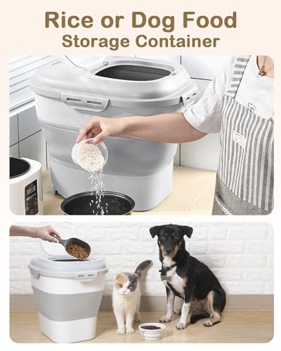 20-50 Lbs Food Storage Container With Wheel, Airtight Locking Lid, Collapsible Rice Container, Flour Storage With Small Container and Scoop, Suitable for Pet Food - color: Grey/20-50LBS