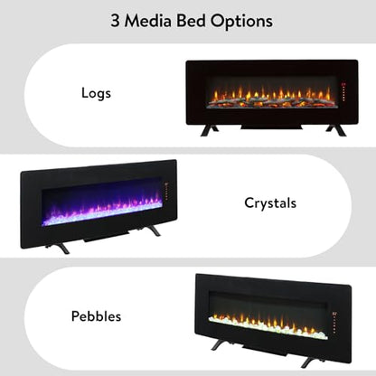 48" Curved Glass Electric Fireplace, Wall Fireplace Electric with Remote Control, 4 Adjustable Flame Colors, Wall Mounted/Freestanding, 1400W Fireplace Heater, Backlight, 3 Media Bed, Timer - size: 48 Inch Standard