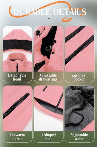 Chrisuno Women's Lightweight Long Softshell Fleece Lined Jacket Anorak Raincoat With Removable Hood - color: Pink, size: XX-Large