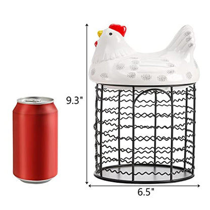 Hiceeden Metal Wire Chicken Egg Storage Basket, Decorative Fresh Egg Holder with Ceramic Chicken Design Lid, Portable Round Collectiong Basket for Kitchen Supplies, Pantry