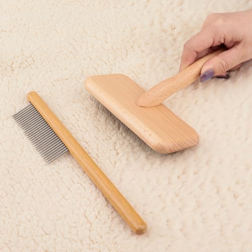 Sheepskin Wool Brush - Carpet Rake Tool for Pet Hair Removal and Household Fabric Care - color: Wood