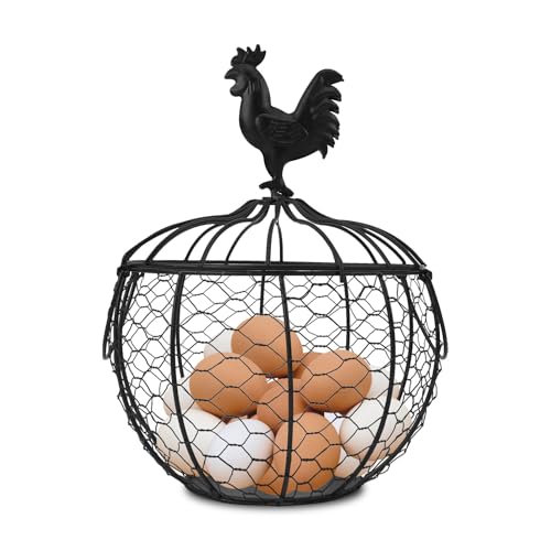 Wire Egg Basket for Gathering Fresh Eggs Collecting Basket With Handle, Decorative Egg Metal Basket for Counter, Fresh Chicken Egg Basket With Chicken Decorated Lid, Countertop Egg Fruit Storage - color: Black Egg Basket