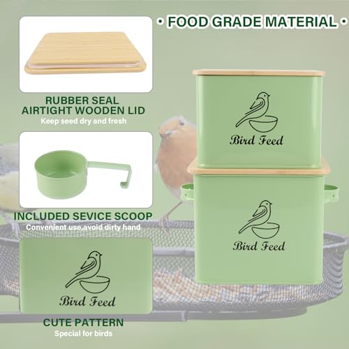 Airtight Bird Seed Storage Container Set of 2, 10LB Metal Bird Food Container with Bamboo Lids,Wild Bird Seed Tin for Storing Sunflower Seed-Squirrel proof -Green - color: Green(Bird Feed)