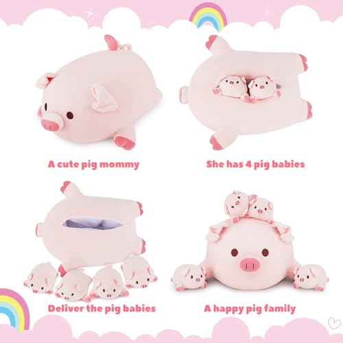 Achwishap 5PCS Pig Family,Pig Stuffed Animal Mommy with 4 Pig Babies Plush,Cute Pig Plush Pillow Cushion Doll,Kawaii Pig Plush Toy Hugging Pillow for Kids Adults Birthday Gifts(16” Pig Family) - color: Pink Pig Family-mommy and Kids