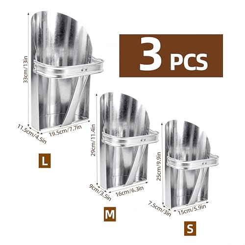 3 Pack Galvanized Feed Scoop Set, Heavy Duty Metal Grain Scoop for Livestock, Horse & Chicken, 3 Sizes with Rolled Edges & Flat Base for Farm, Coop, Gardening