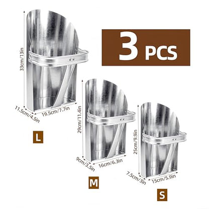 3 Pack Galvanized Feed Scoop Set, Heavy Duty Metal Grain Scoop for Livestock, Horse & Chicken, 3 Sizes with Rolled Edges & Flat Base for Farm, Coop, Gardening