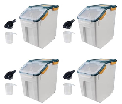 4 Pack Grain Food Storage Container, 20LB Airtight Rice Bin Storage Bucket with Spoon and Measuring Cup, Large Flour Dispenser Container Set 80LB Total Capacity - color: Blue