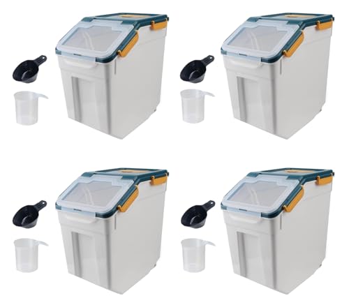 4 Pack Grain Food Storage Container, 20LB Airtight Rice Bin Storage Bucket with Spoon and Measuring Cup, Large Flour Dispenser Container Set 80LB Total Capacity - color: Blue