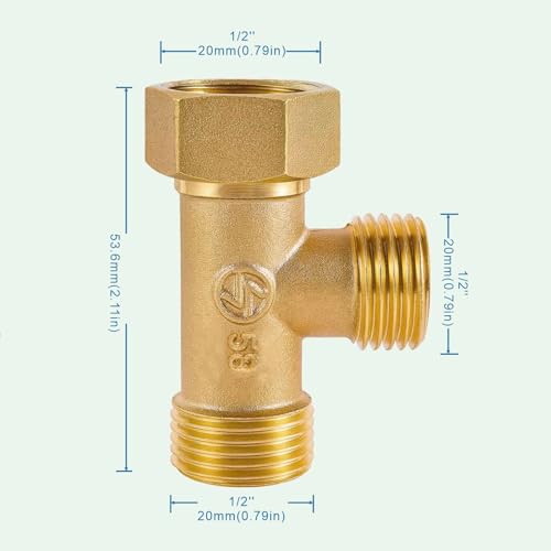 1/2" Brass Tee, Brass 3-Way Shower Diverter Valve, 1/2" Male x 1/2" Male x 1/2" Female Tee, 1/2" Tee for Shower Arm, Angle Valve, Bidet, and Sprayer Hose Applications - size: 1/2BT