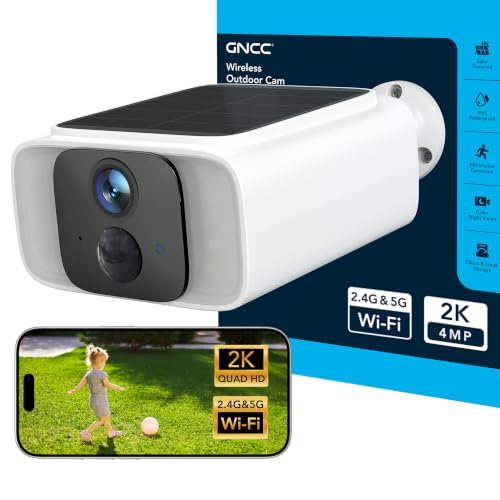 GNCC Solar Security Camera Wireless Outdoor, 2.4GHz & 5GHz WiFi, 4MP Color Night Vision, AI Human Detection, Two-Way Audio, IP65 Waterproof, SD/Cloud Storage for Driveway, Yard & Home Security