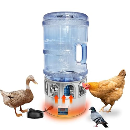 5 Gallon Heated Chicken Waterer Poultry Water Heater for Winter Stainless Steel Adjustable Temperature 8 Drinking Ports Heated Water Bowl for Chickens Ducks Geese Pigeons