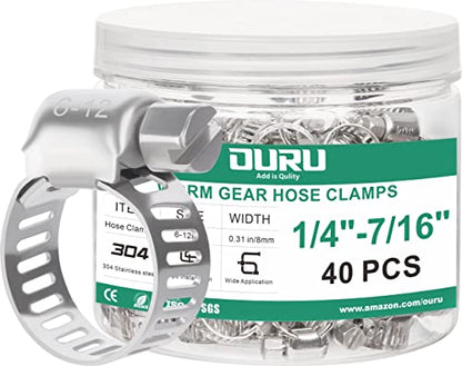 OURU 40PCS Hose Clamps Stainless Steel Adjustable 1/4"– 7/16"(6-12mm) Worm Gear Hose Clamp, Heavy Duty Metal Small Hose Clamps for Automotive, Pipe, Radiator Plumbing, Fuel Line - size: 1/4"-7/16" (6-12mm) 40PCS
