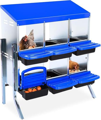 6 Hole Chicken Nesting Boxes - Nesting Boxes Chicken with Roll Away Design & Lid Cover,Easy Egg Collection, Hen Roosting Nest, Durable Poultry Laying Boxes for Hens - color: Blue, size: 6 Cells with Legs