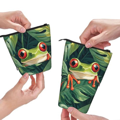 Green Frog Standing Pencil Case Cute Telescopic Stationary Pouch with Zipper Large Capacity Stand up Pen Bag Portable Makeup Holder for School Office Supplies - color: Frog
