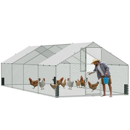 Large Metal Chicken Coop, Walk-in Chicken Run with Feeding Door, Security Lock and Cover, Outdoor Duck/Rabbit Cage Poultry Pen for Backyard, Farm, Yard (Silver - Spire Roof, 26.2 x 9.8 x 6.5 FT) - size: 314.9"L x 118.1"W x 78.7"H