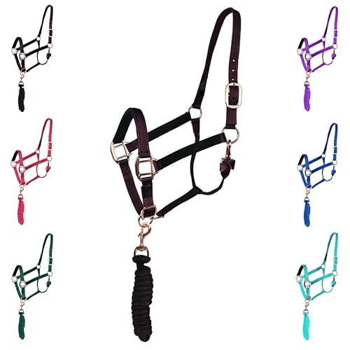 Majestic Ally Halter with Lead Rope for Horses–Adjustable Chin and Crown–Rolled Throat Latch with Replaceable Snap–Padded Noseband–Heavy Duty Rose Gold Finish Hardware - color: Black, size: Full