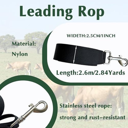 Cattle Cow Calf Halter, Calf Halter with Leading Rope, 18.9-23.23 Inch Adjustable Nylon Livestock Cattle Halter for Cattle, Miniature Horses, Foals, Donkeys, Goats (Black)