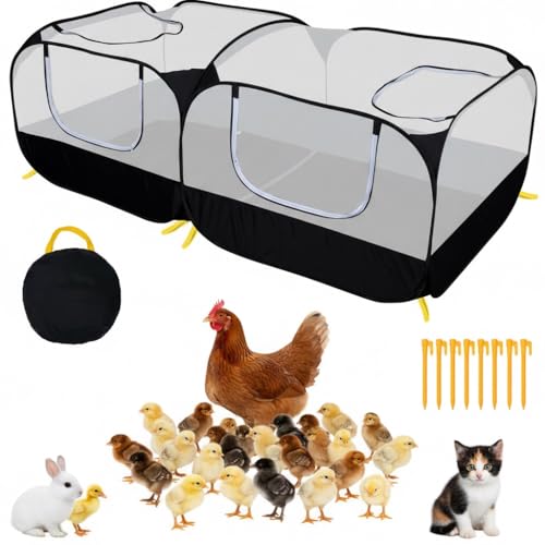 Small Animal Playpen, Portable Chicken Run Coop with Detachable Bottom and Breathable Mesh Walls, Foldable Pet Enclosure for Puppy Kitten Rabbits, Pet Tent Indoor Outdoor - color: black