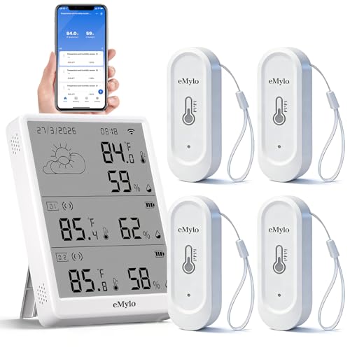 eMylo WiFi Thermometer Hygrometer with 4 Outdoor Sensors, Smart Indoor Temperature Humidity Monitor 328Ft Range, IP65 Waterproof, App Alerts, Alexa Compatible, for Home Greenhouse Basement Wine Cellar