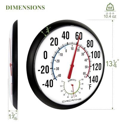 Circrane 13.25 Inch Round Thermometer with Hygrometer, Large Indoor Wall Patio Bimetal Weather Thermometer, No Battery Required, Black - color: Black