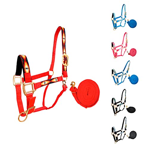 Tahoe Tack Patterned Nylon Adjustable Horse Halters with Padded Noseband and Matching 10’ Soft Grip Lead Rope with one Year Warranty - color: Red Aztec and Red