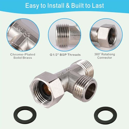1/2" Chrome Brass Tee, Brass Chrome 3-Way Shower Diverter Valve, 1/2" Male x 1/2" Male x 1/2" Female Tee, 1/2" Tee for Shower Arm, Angle Valve, Bidet, and Sprayer Hose Applications - size: 1/2DG