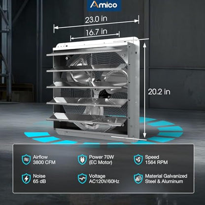 Amico 20" Smart Shutter Exhaust Fan with Thermostat & 8 Speed, 3800 CFM (Up To 5500 Sq.Ft), 70W Commercial EC Motor, Wall Mount Warehouse/Barn/Greenhouse/Workshop Vent Fan, Plug & Play, FCC - size: 20 inch