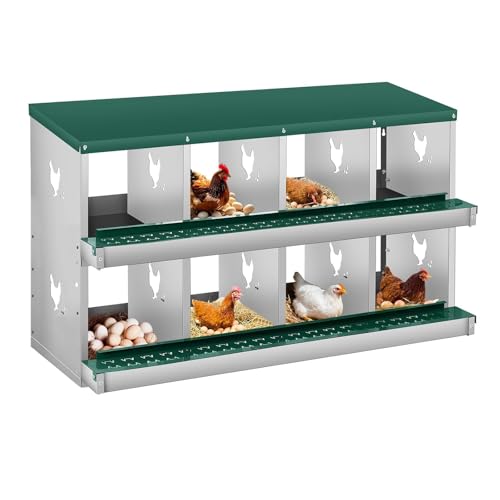 8 Compartment Chicken Nest, Stainless Steel Laying Boxes for Hens with 4 Dummy Eggs and 10 Dampproof Pets Mats, Wall Mounted or Free Standing Chicken Boxes, Roll Out Design, Green - color: Green, size: 8-Room