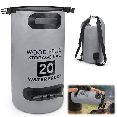 33LB/20L Waterproof Wood Pellet Storage Bag, 500D PVC Portable Charcoal Storage Container,Dual Handles & Backpack, Buckle Seal Heavy Duty Wood Chips Pocket for BBQ Grill Smoker Accessories(Grey, 1PCS) - color: Grey-1pcs