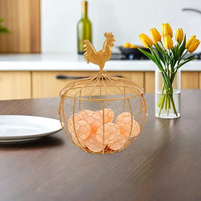 Gatuida Vintage Farmhouse Metal Egg Basket with Double Handle and Chicken Knob Lid, Rustic Wire Storage Bin for Kitchen Pantry and Fresh Egg Collection