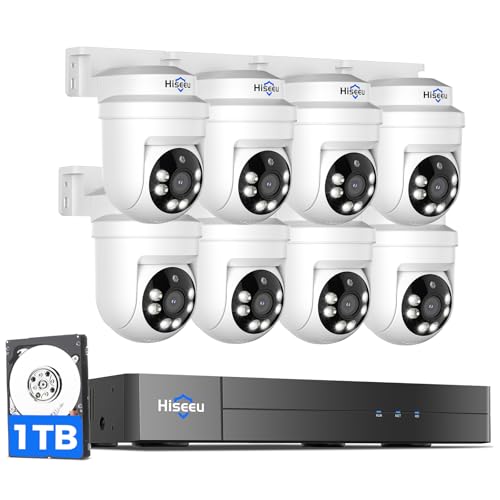 Hiseeu 3K PTZ Wired Security Camera System Outdoor with Audio | Color Night Vision,8 x 5MP IP67 CCTV Cameras,5MP DVR 8CH,1TB HDD,360°Coverage,Person/Vehicle Detection,Alarm Spotlight - color: White 8 CH