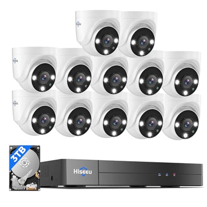 Hiseeu 12 Channel Wired Security Camera System with Smart Dual Light,Audio,Person/Vehicle Detection,121°Wide View,5MP DVR,12PCS 5MP IP67 Outdoor CCTV Cameras,3TB HDD for 24/7 Surveillance - color: White 12 CH