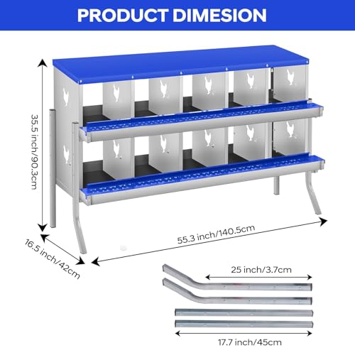 10 Compartment Chicken Nesting Boxes, Metal Roll Away Egg Laying Boxes with Removable Tray & Lid Cover, Chicken Coop Nest Box for Hens, Egg Protection Design (with Legs) Blue - color: Blue, size: 10 hole - with leg