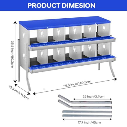 Garvee Chicken Nesting Box, 10 Compartments Nesting Box for Chickens, Galvanized Steel Chicken Laying Box for Easy Egg Collection, Wall Mounting - color: Blue | 10 Compartment+legs