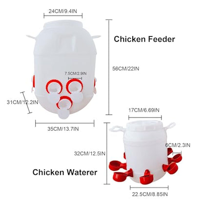 Automatic Chicken Feeder and Waterer Set, 110 lb Capacity 10 Port Large Chicken Feeders Poultry Waterer Weatherproof No Waste Poultry Feeder Kit for Turkey Pigeon Quail Duck Goose