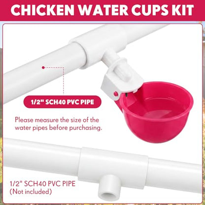 LemonRoad 30 Set Automatic Chicken Waterer Cups with 1/2" PVC Tee Fitting Chicken Drinking Bowl, Poultry Drinker Mounting Hole Opener,Water Dispenser Feeder for Duck, Goose, Pigeon(Rose Red) - color: Rose Red