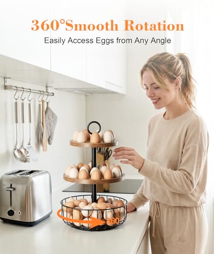 3-Tier 360° Rotating Egg Holder with 24+40 Egg Capacity - Rustic Farmhouse Kitchen Counter Organizer, Tiered Egg Storage Rack with Ventilated Wooden Trays & Metal Basket for Easter Eggs, Fresh Eggs - size: 360° Rotating