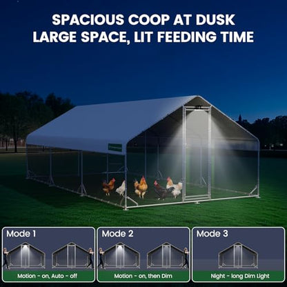 CHIKENCOOP 19.5x9.8x6.5ft Metal Chicken Coop, 3-Room Run, Hardware Cloth | Three-room walk-in run with hardware cloth, full-top waterproof UV-resistant cover, 3-mode solar light, and center perches - size: 234.0"L x 118.0"W x 78.0"H