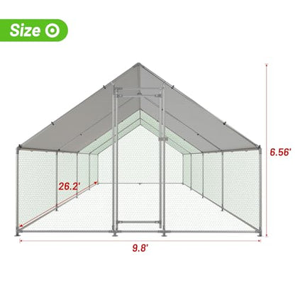 NUGRIART Large Metal Chicken Coop Walk-in Poultry Cage with Water-Resident and Anti-UV Cover Duck Rabbit Cat House Outdoor Chicken Run Pen with Spire Shaped Cage - size: 26.2’L×9.8’W×6.5’H