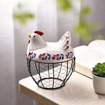 Ceramic Egg Basket Holds 25 Eggs-Keep Eggs Organized & Secure with This Chicken Design Storage Container - Perfect Kitchen Counter Decor, Handy Holder for Farm Fresh Eggs, Durable Iron Base Egg Organi
