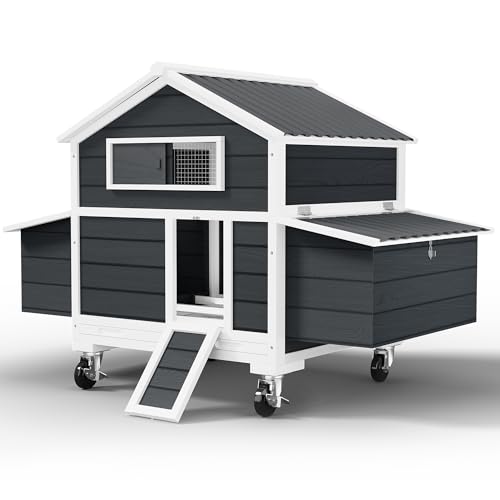 Chicken Coop on Wheels, Large Mobile Wooden Hen House for 4-6 Chickens, Outdoor Poultry Cage with Nesting Box, Chicken House for Outside Farm Backyard - size: 60.2"L x 35.4"W x 57.8"H