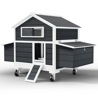 Chicken Coop on Wheels, Large Mobile Wooden Hen House for 4-6 Chickens, Outdoor Poultry Cage with Nesting Box, Chicken House for Outside Farm Backyard - size: 60.2"L x 35.4"W x 57.8"H